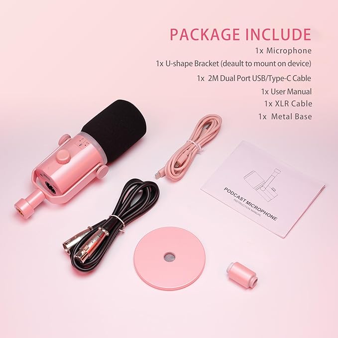 FEELWORLD PM1 XLR USB Dynamic Microphone with Desktop Stand Gifts for Podcast Recording PC Computer Gaming Streaming Vocal Voice-Over Studio Metal Mic RGB Light Mute Button Headphones Jack (Pink)