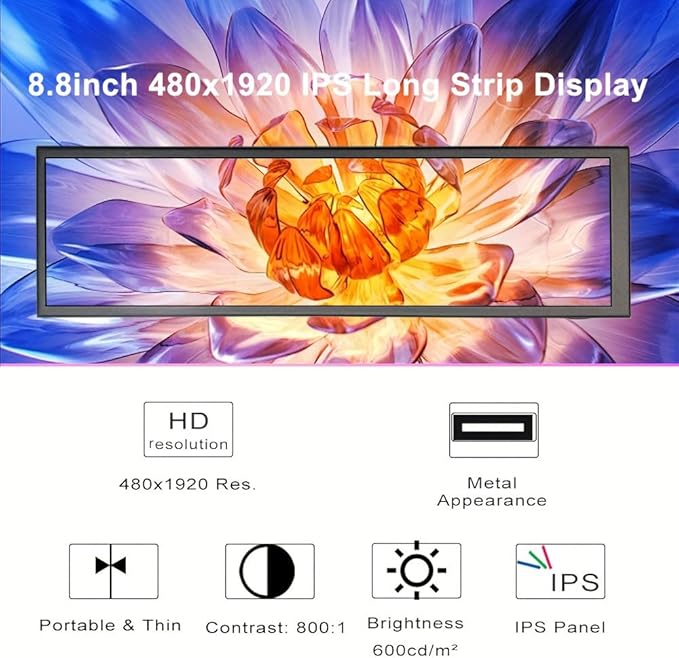 8.8-inch Touchscreen Bar Display 1920x480 Metal Shell IPS Portable Touch Monitor with USB-C Port. Compatible with Raspberry Pi Laptop Aida64 Monitoring GPU/CPU Stats and PC Case Mini Screen