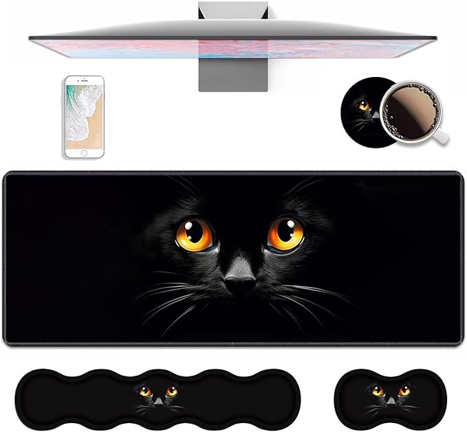 4 in 1 Ergonomic Keyboard Wrist Rest &amp Mouse Pad Wrist Rest Set Large XXL Gaming Desk Mat 31.5x 11.8 with Non-Slip Base Memory Foam for Home Office Study Gaming Black Cat Face