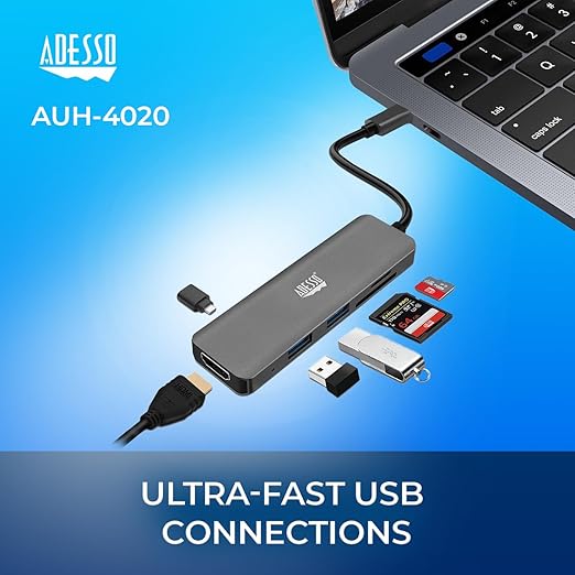 Adesso USB C Docking Station Multiport Adapter Dongle Type C Hub HDMI Support 4K@30Hz PD Charging 2*USB SD/TF Card Reader for MacBook Windows Laptop (TAA Compliant)