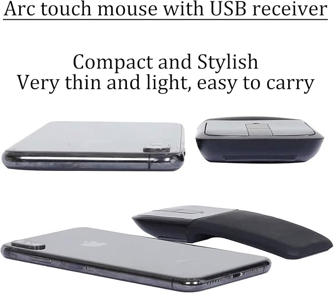 Wireless Arc Mouse Slim Foldable Touch Travel Mouse with USB Receiver Optical Folding Computer Mice for Microsoft Laptop PCComputer - Black