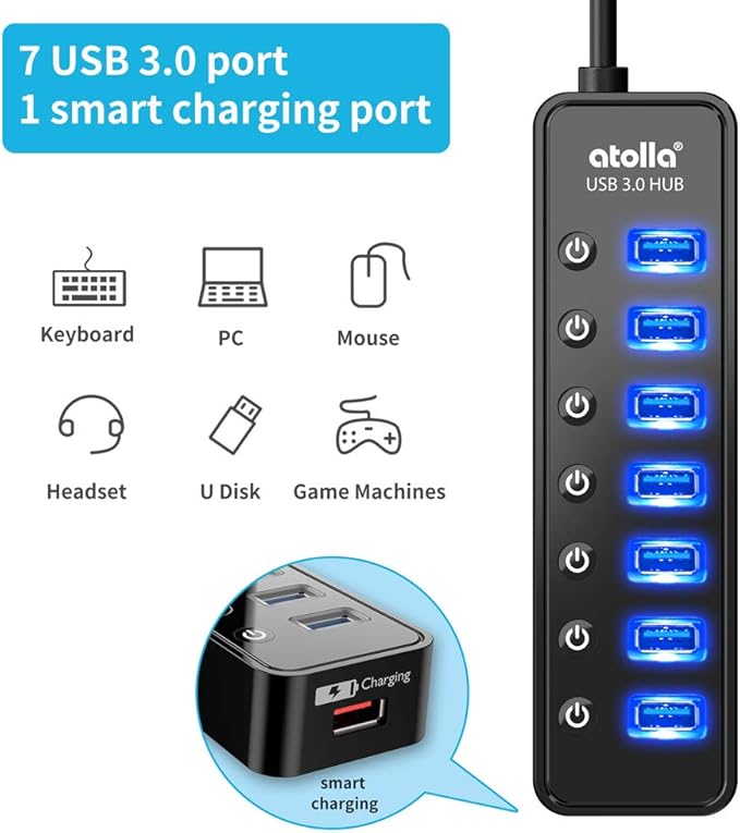 Powered USB Hub 3.0 Atolla 7-Port USB Data Hub Splitter with One Smart Charging Port and Individual On/Off Switches and 5V/4A Power Adapter USB Extension for MacBook Mac Pro/Mini and More.
