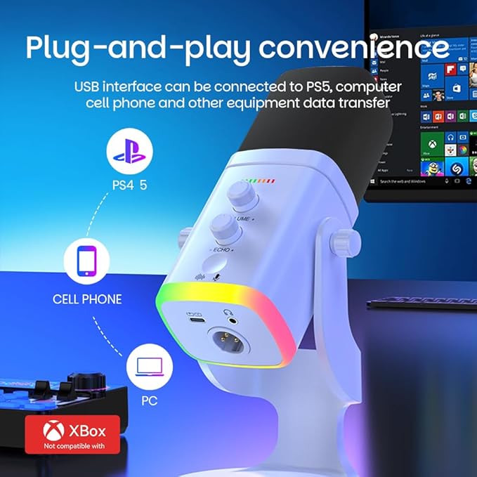 USB/XLR Desktop Dynamic Microphone with RGB Light Noise Reduction &amp Mute Button for Podcast Recording PC Computer Gaming Streaming Mic with RGB Light Mute Button Headphones Jack (White)