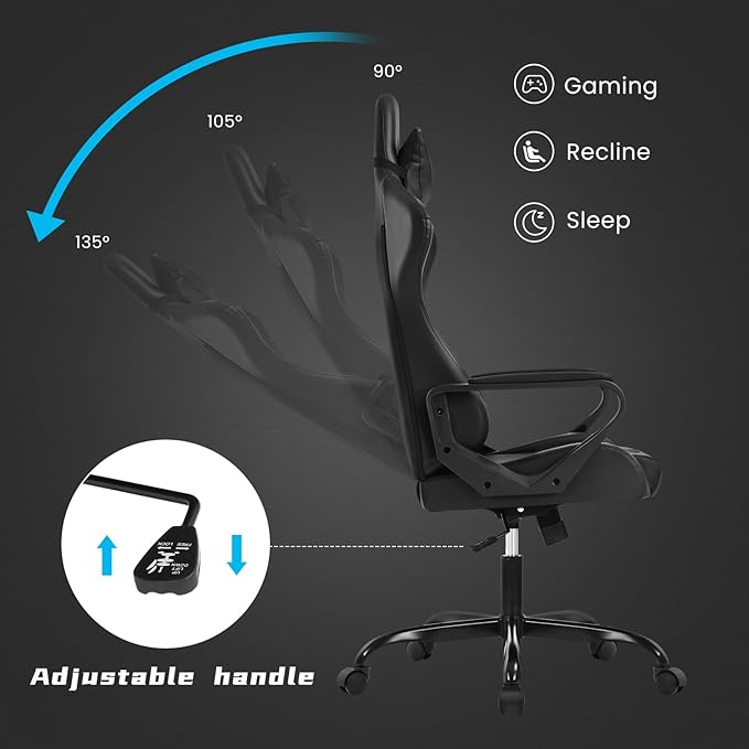 Black Gaming Chair | Ergonomic High Back Desk Chair Racing Style with Lumbar Support Headrest &amp Arms - Heavy Duty Swivel Computer Chair for Office