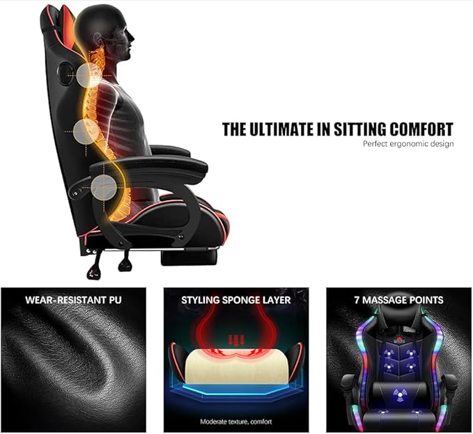 TBQATNTS Ergonomic Gaming Chair with Massage and Speaker Gaming Chair with Footrest Headrest and Lumbar Support Racing Chair with RGB Lights Gaming Chair for KidsGaming Chair for Adults.Red
