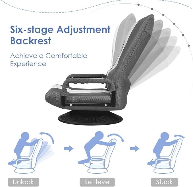 DORTALA 360 Degree Swivel Gaming Floor Chair 6-Position Adjustable Folding Floor Chair Comfortable Padded Backrest Lazy Sofa Chair Game Rocker for Teens Adults Gray