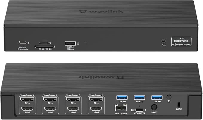 WAVLINK DisplayLink Laptop Docking Station - Quad Monitor 5K/4K@60Hz 100W Charging - Thunderbolt 4/3 USB-C/A - M1-M5 Mac/Windows/Chrome/Ubuntu - 4 HDMI 4 DP 180W Power SD 4.0 CR 2.5Gbps LAN