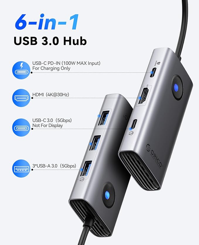 ORICO USB C Docking Station 6-in-1 Laptop Docking Station with HDMI 4K@30Hz 100W PD USB-A&ampC 3.0 USB C Dock Compatible with MackBook/Dell XPS/HP/Surface