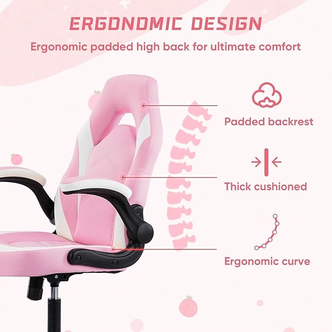 OLIXIS Computer Gaming Desk Chair - Big and Tall Ergonomic Lumbar Support with Flip-up Armrest and 360° Swivel Wheels PU Leather Height Adjustable for Home and Office Pink
