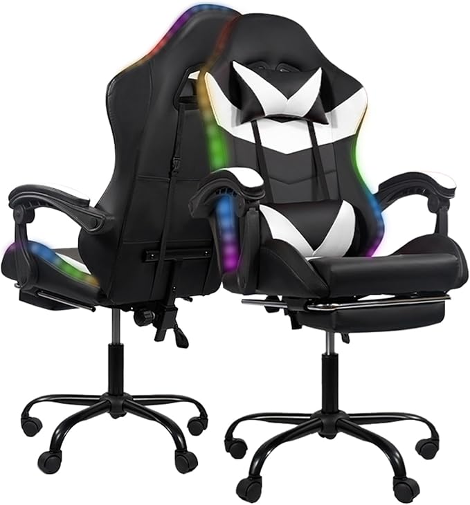 Gaming Chair Computer Chair with Footrest and Lumbar Support &amp LED Height Adjustable Game Chair with 360°-Swivel Seat and Headrest and for Office or Gaming