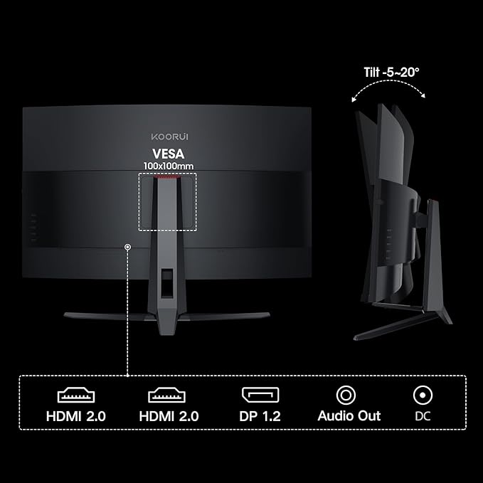 KOORUI 32 inch Curved Gaming Monitor QHD (2560 x 1440) 2K 170Hz 144Hz Monitor 1ms 1500R Display 90% DCI-P3 Adaptive Sync Tilt Adjustable VESA Compatible DisplayPort HDMI Black