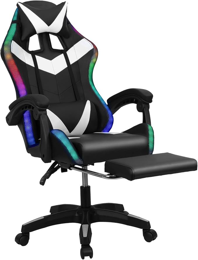 Gaming Chair with Bluetooth Speakers LED Light Adjustable Height Retractable Footrest &amp Massage Lumbar Support - Ergonomic Office Computer Chair for Adults Gamers Internet Cafe Home Black