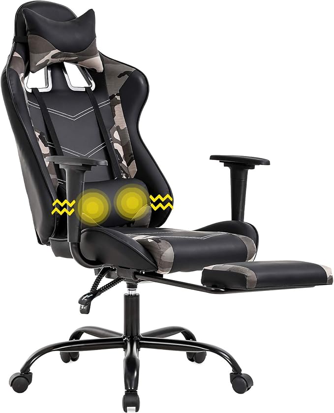 Gaming Chair Racing Office Chair Ergonomic Desk Chair Massage PU Leather Recliner PC Computer Chair with Lumbar Support Headrest Armrest Footrest Rolling Swivel Task Chair for Women Adults Camo