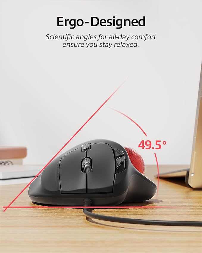 Nulea M509 Trackball Mouse Wired Ergonomic Design Easy Thumb Control Precise &amp Smooth Tracking 2-in-1 Interface (Type A &ampType C) Compatible for PC Laptop Mac Windows(Red).