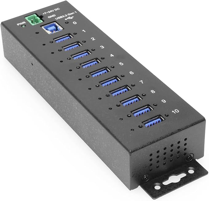 Coolgear Industrial 10 Port USB Hub with Advanced Port Management for Remote Control &amp Versatility 5 Gbps Speed ESD Protection Per Port Secure Screw Lock Surface &amp DIN Mounting
