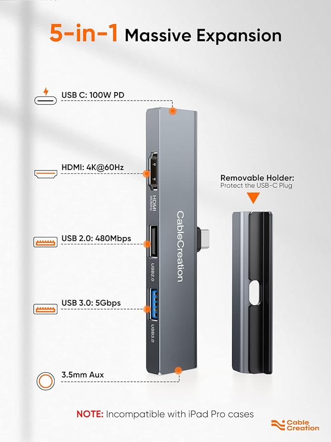 iPad Pro USB C Hub CableCreation 5-in-1 USBC Hub Multiport Adapter with 4K 60hz HDMI USB 3.0 USB C Charging and 3.5mm Audio Jack with Magnetic Grip for MacBook iPad ProiPad Air and More