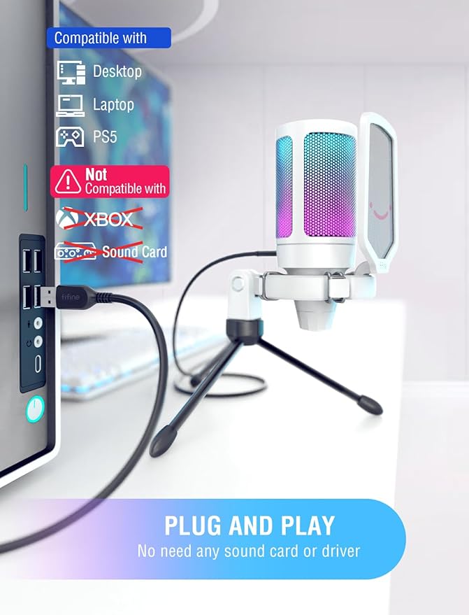 FIFINE AmpliGame USB Microphone PC Gaming Recording Desktop Laptop Mic RGB Streaming Podcasting Condenser Mic for Online Game Vocal with Mute Button Gain Knob Tripod Stand-A6V White