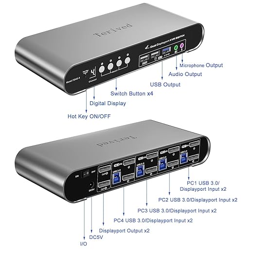 4 Computers 2 DP Monitors Automatic KVM Switch 8K@30Hz 4K@144Hz 4 Port DP USB 3.0 Dual Monitor Aluminum hotkey Audio Microphone Digital Display HDR10 with Cables