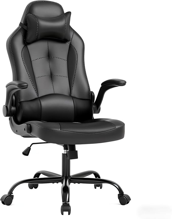 Gaming Desk Chair PC Gaming Chair Gamer Chair Comftorable Ergonomic PU Leather Computer Office Chair with Lumbar Support Flip Up Arms High Back Executive Gaming Stuff for Girl Kids Adults (Black)