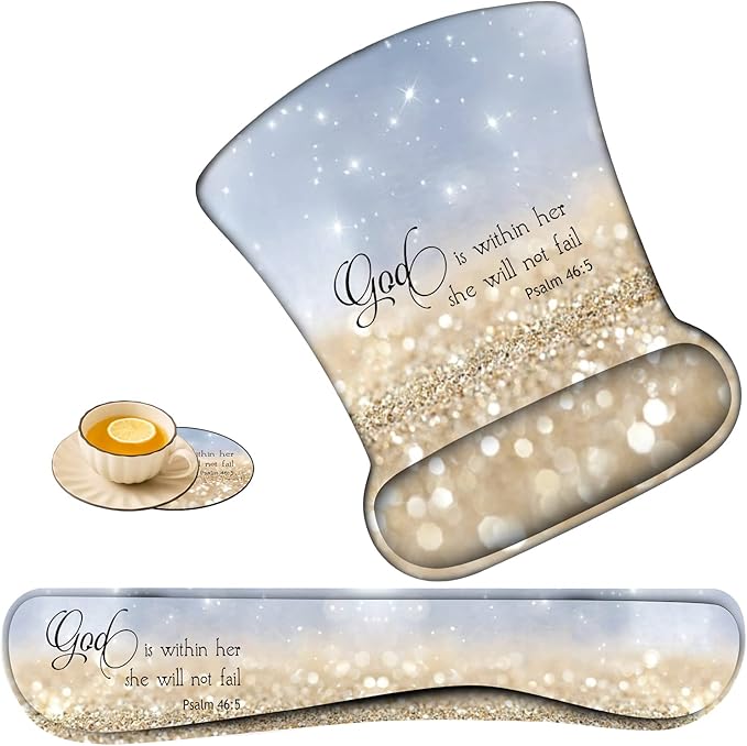 Keyboard Wrist Rest Pad and Ergonomic Mouse Pad Wrist Rest (with Coaster) Set Non-Slip Base &amp with Memory Foam for Easy Typing and Wrist Pain Relief - Bible Verses Psalm 46-5