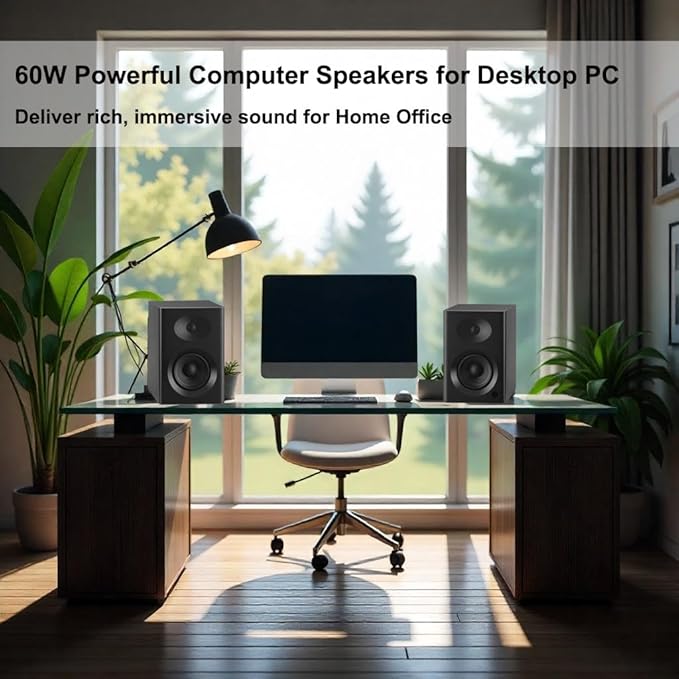 Computer Speakers for Desktop PC - 60W Bluetooth Stereo Sound with Bass Active Powered Speakers for Home Audio Monitor Laptop Gaming &amp TV (Black Pair)