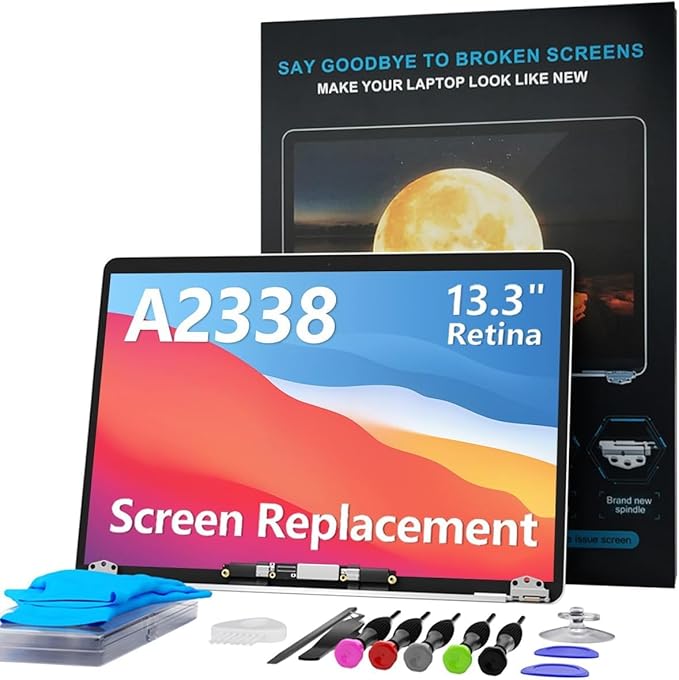A2338 Replacement Screen 13.3 for MacBook Pro 13-inch Retina 2020(M1) 2022(M2) Year (Model: EMC 3578 EMC 8162 MYD83 MYD92 MYDA2 MYDC2 MNEQ3 MNEP3 MNEJ3) Full LCD Screen Display Assembly (Silver)