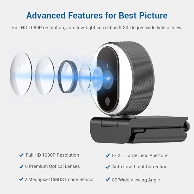 NexiGo N680E 1080P Webcam with Ring Light Privacy Cover and Dual Microphone Advanced Auto-Focus Adjustable Brightness Streaming Web Camera for Zoom Skype Facetime PC Mac Laptop Desktop (Renewed)