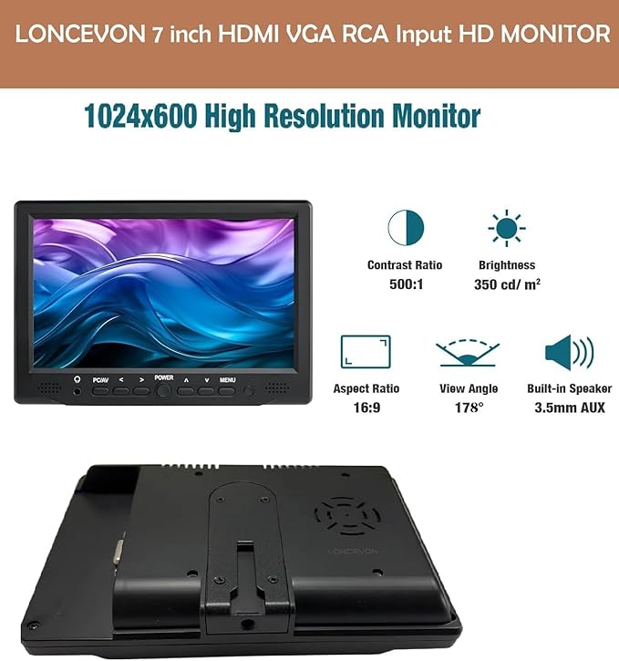 7 inch Small HDMI VGA AV RCA Monitor 1080P Second Screen for PC/Security System/Game Console IPS 1024X600 Pixels 60HZ Built in Loud Speakers &amp Earphone Jack 12V USB Power Cable for Portable Us