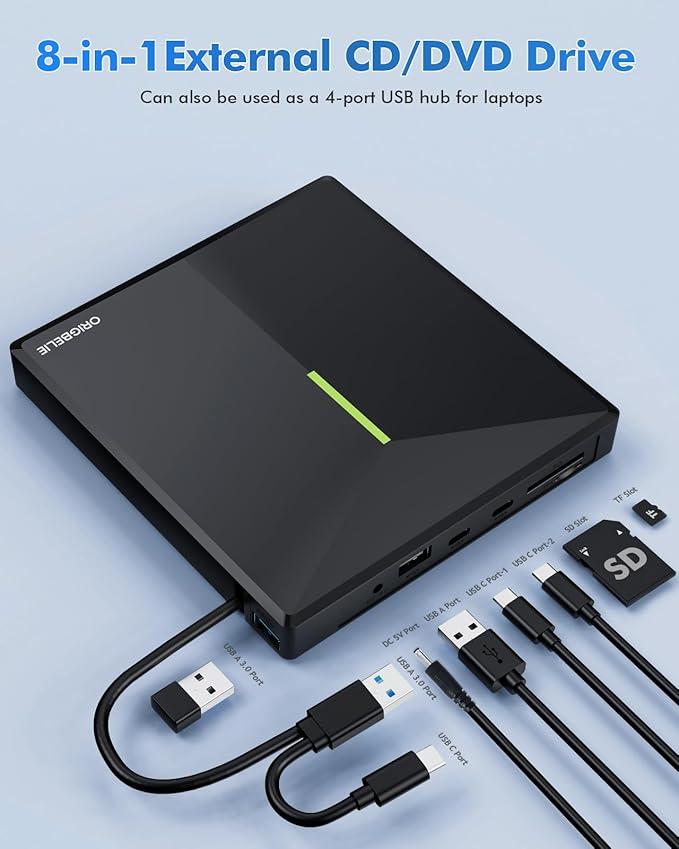 External CD DVD Drive with 4 USB Ports and 2 TF/SD Card Slots USB 3.0 Portable CD/DVD Disk Drive Player Burner Reader Writer for Laptop Mac PC Windows 11/10/8/7 Linux OS with Carrying Case