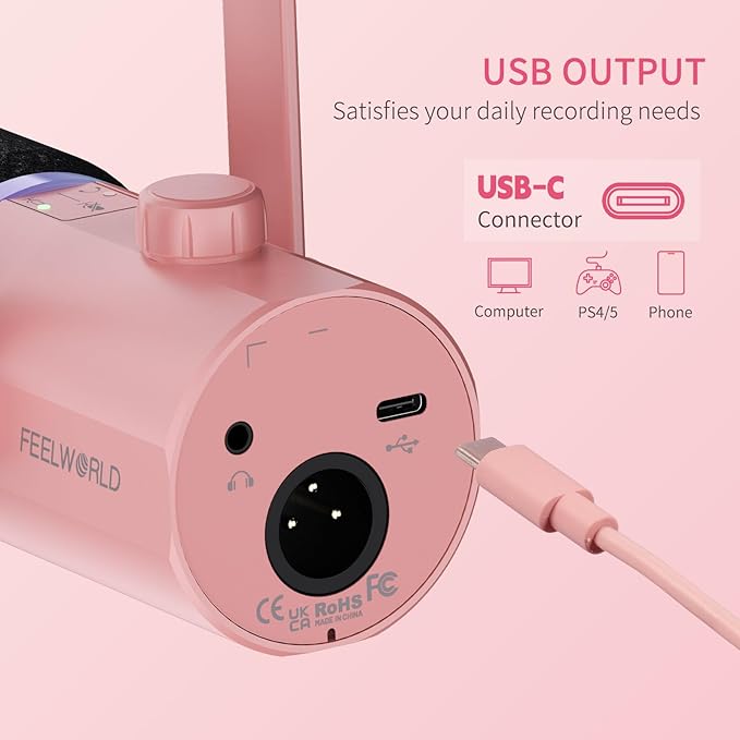 FEELWORLD PM1 XLR USB Dynamic Microphone with Desktop Stand Gifts for Podcast Recording PC Computer Gaming Streaming Vocal Voice-Over Studio Metal Mic RGB Light Mute Button Headphones Jack (Pink)