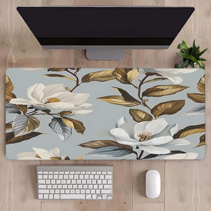 White Flower Brown Leaf Large Mouse Pad Gaming Mousepad Desk Mat for Desktop Computer Keyboard Waterproof Mouse Mat Desk Pad with Non-Slip Base for Game School Office Home 35.4 x 15.7