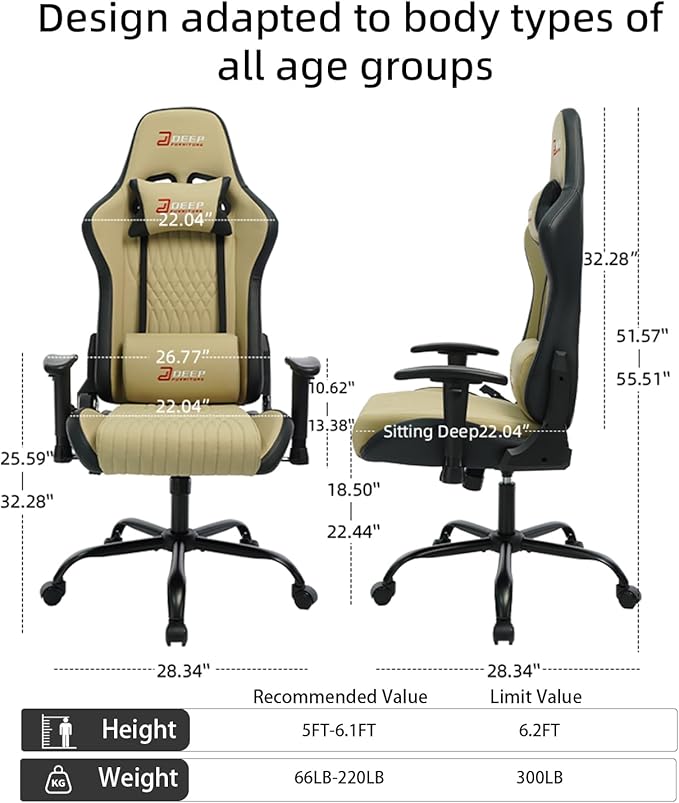Video Game Chair Ergonomic Comfortable Gaming Office Chair Height-Adjustable with a 360° Swivel Base and Headrest(1002-Beige)