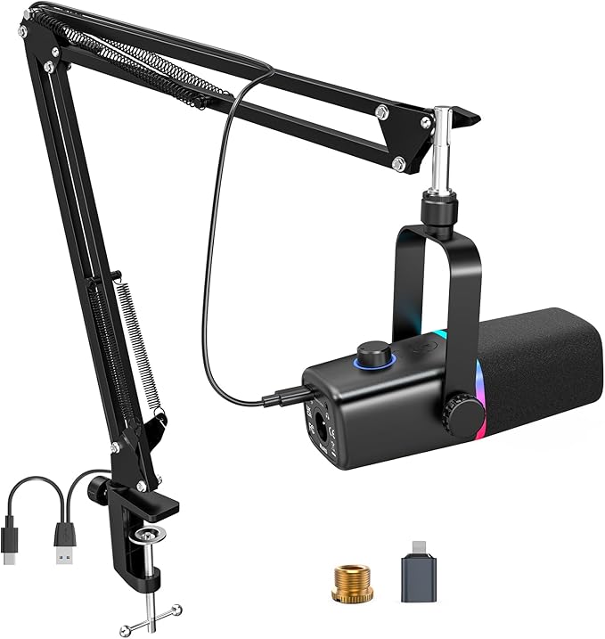 ZealSound XLR/USB Dynamic Microphone for Gaming PodcastMic for iPhone Phone PC Computer Gaming Streaming Microphone with RGB LightMute ButtonMic GainHeadphones JackBoom Arm StandSinging YouTube
