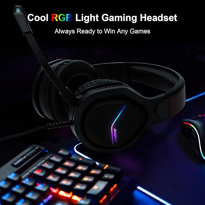 SOULION S10 Gaming Headset with Microphone RGB Lights PC Headphones with Noise Canceling Mic for PS4 PC Xbox One Soft Memory Earmuffs Headsets for PS5 Laptop Mac Mobile