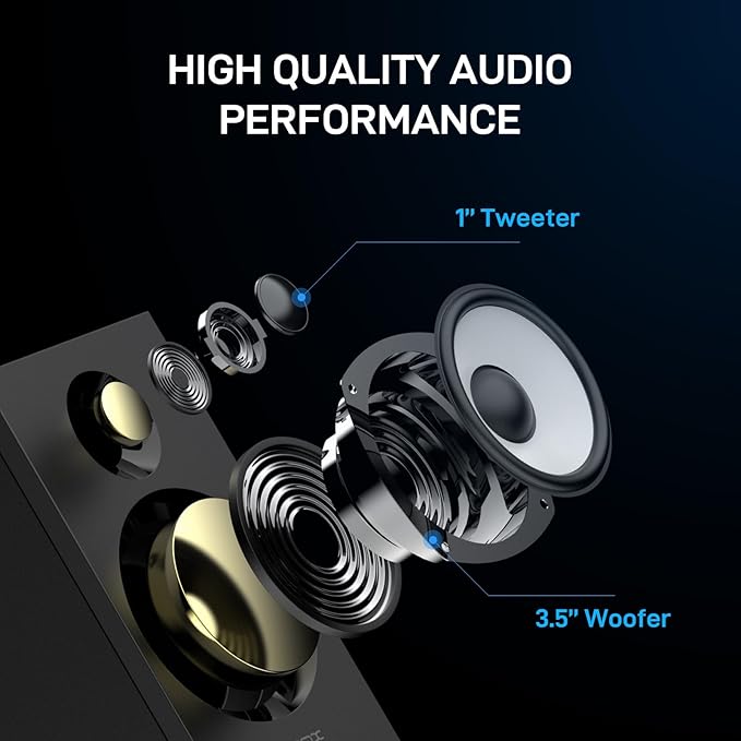 Powered Bookshelf Speakers HiFi Computer Gaming Monitors with Bluetooth 5.3 &amp 24-Bit USB DAC Stereo Speaker PC Speakers 3.5 Woofer1 Silk Dome Tweeter Adjustable Bass/Treble BT16-Black