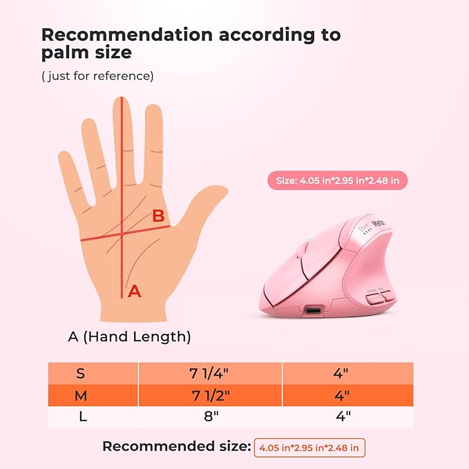 MEETION Pink Wireless Ergonomic Mouse Bluetooth Vertical Rechargeable Mice 4 Adjustable DPI 800-2400 Bluetooth 5.2+5.2+USB Mouse for Windows/Mac for Laptop/PC/Desktop/Computer/iPad
