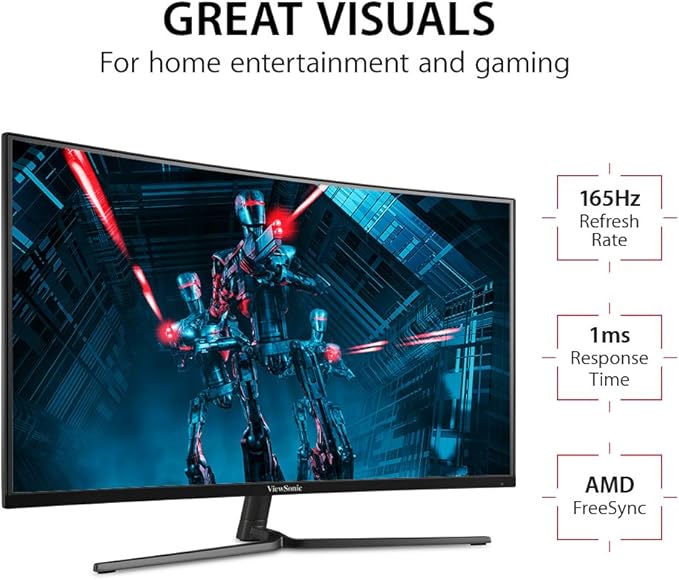 ViewSonic VX3258-PC-MHD 32 Inch 1080p Curved 165Hz 1ms Gaming Monitor with FreeSync Premium Eye Care HDMI and Display Port