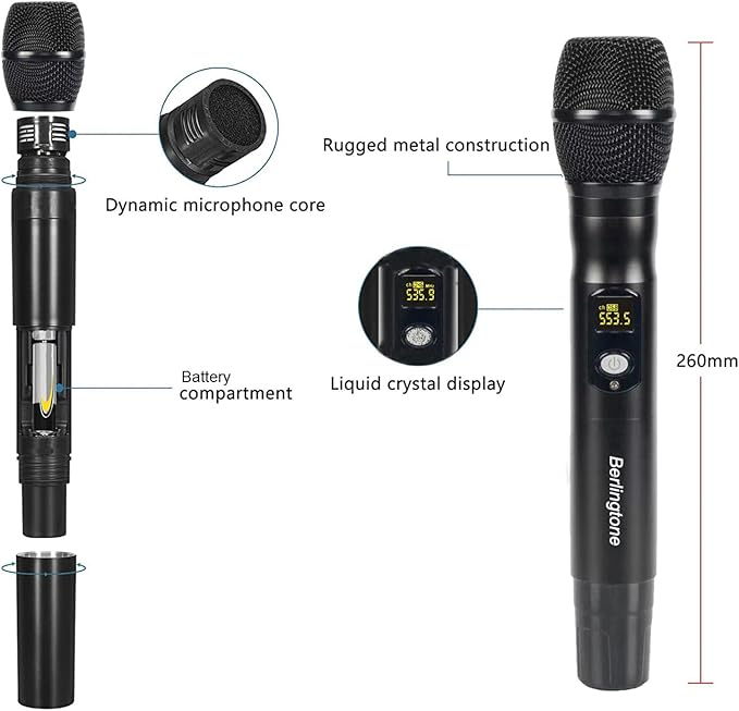 Professional 6-Channel UHF Wireless Microphone System Cordless Metal Handheld Dynamic Mics Perfect for Karaoke Church Singing DJ 262ft Range (BR-660UM)