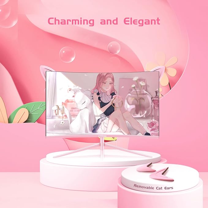 FY27QHP Pink Monitor 27 Inch Curved Gaming 165Hz - Support 144Hz 1800R 1ms QHD 2560 x 1440P VA Screen Built-in Speakers AMD Free-Sync HDMI DP USB AUX Tilt Adjustable