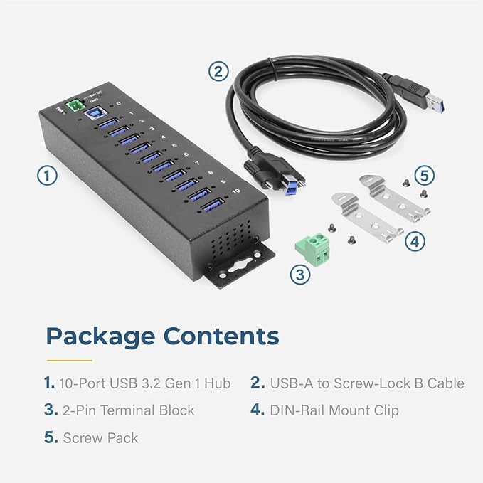 Coolgear 10 Port USB Hub - 5Gbps Speed Surge Protection DIN Rail Mounting Industrial Grade for Tech Labs Warehouses Automation Schools &amp More