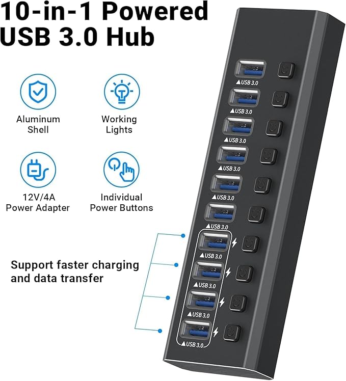 Powered USB 3.0 Hub Aluminum 10 Port USB 3.0 Data Hub with 12V/4A (48W) Power Adapter and Individual On/Off Switches &amp LEDUSB Extension for MacBook Mac Pro/Mini and More