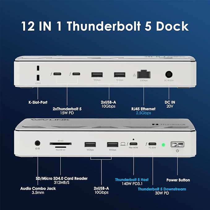 WAVLINK Intel Certified Thunderbolt 5 Dock 12-in-1 TB5 Docking Station with 120Gbps Max Transfer 140W PD 2.5G Ethernet 4X USB-A 3.2 Gen 2 SD4.0 for Windows 11/Mac OS 14.6 or Later TB5/4 Laptops