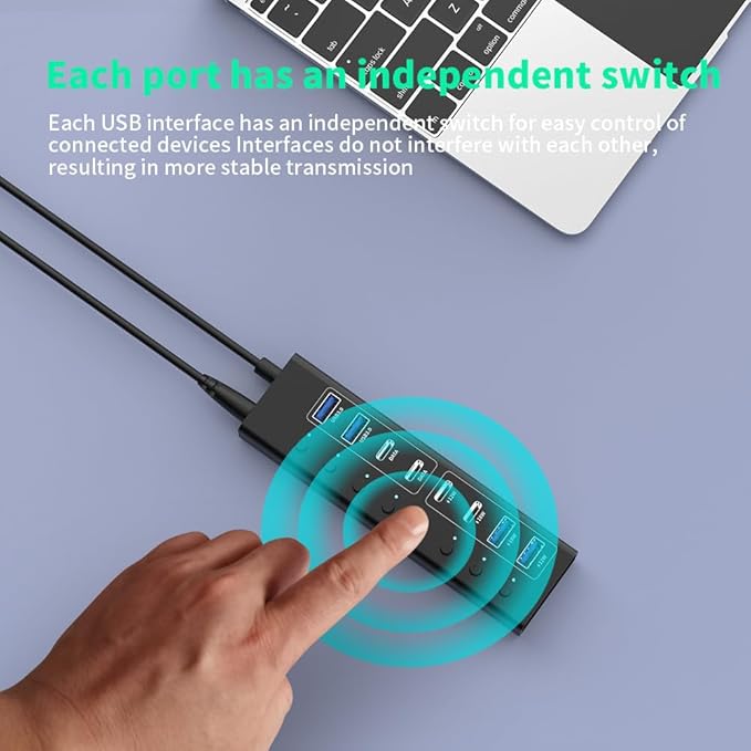 Powered USB Hub 8-Port USB 3.0 Splitter with 4 Fast Data Ports (2 USB-A 3.0 &amp 2 USB-C) 4 Charging Ports 65W Power Adapter Individual On/Off Switches USB Power Hub for Laptop/PC