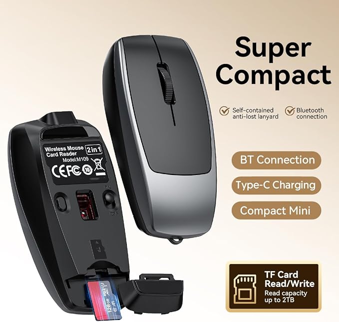 Wireless Mouse Mini Small Finger Bluetooth Mouse with TF Card ReaderSilent Pocket Portable Handheld Tiny Compact USB Travel Optical Mice for PC Laptop Computer Macbook Tablet Kids Women Men Gift