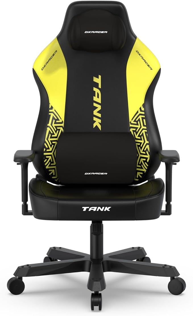 DXRacer Tank XXL Ergonomic Video Gaming Chair for Adults Office Reclining Computer Chair with Magnetic Head Pillow and Lumbar Support Racing Style Height Adjustable (EPU Leatherette Black Yellow)