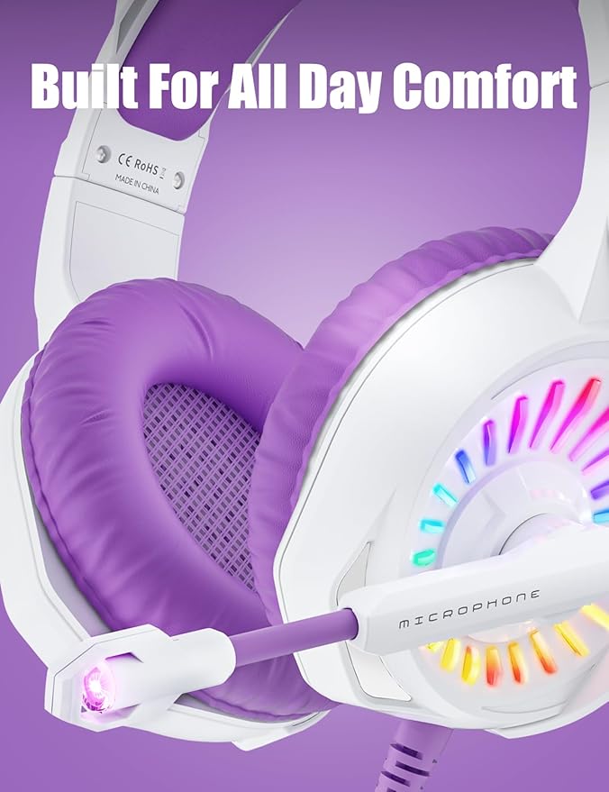 ZIUMIER Purple Gaming Headset with Microphone Compatible with PS4 PS5 Xbox One PC Laptop Over-Ear Headphones with LED RGB Light Noise Canceling Mic Stereo Surround Sound (Purple)