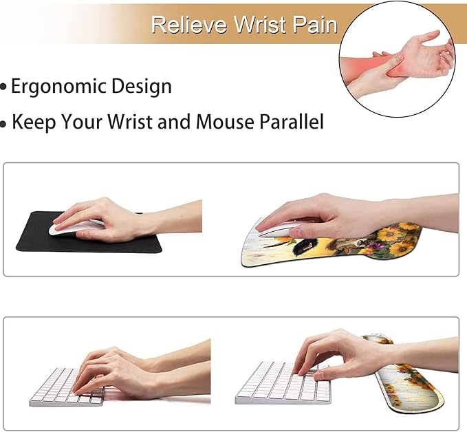 Keyboard Wrist Rest and Mouse Pad Wrist Support Set Ergonomic Gel Mouse Pad Wrist Rest with Non-Slip Base for Home Office Desk Pad Easy TypingSunflowers Cute Farmhouse Cow Pattern Gaming Mouse Mat