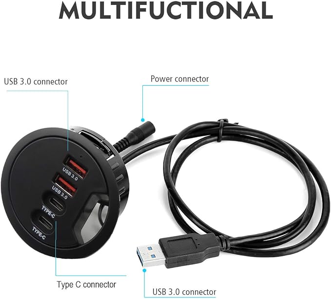 Grommet Desk-Fit USB 3.0 Hub (Diameter 2.36 or 60MM) 2 Port Type A&amp2 Port Type CCompatible Charging and Data Transmission