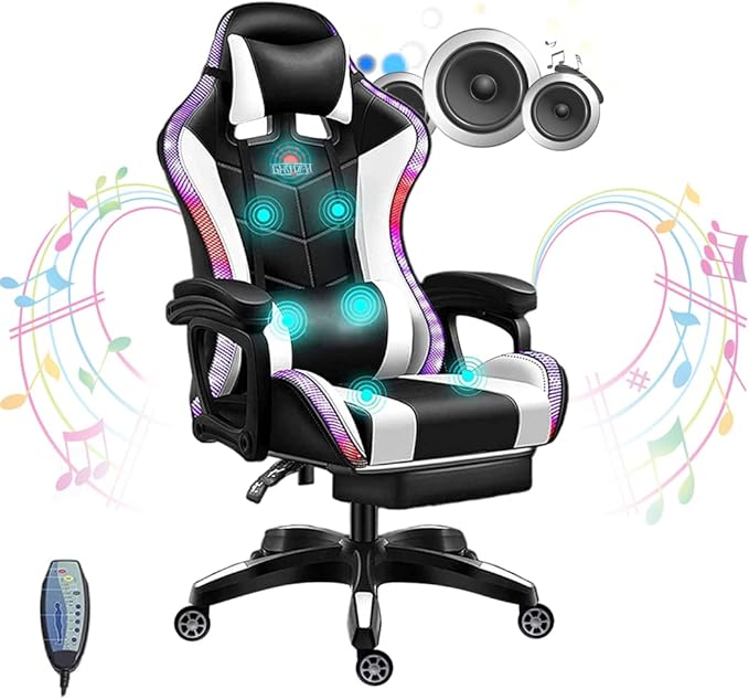 Gaming Chair with Speakers and LED Lights Massage Computer Chair for Adults Video Game Chair with Footrest and Lumbar Support PU Leather Gamer Chair for Adults and TeensWhite
