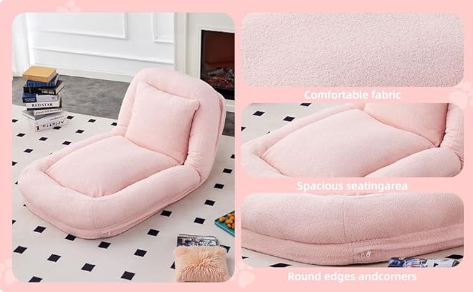 Folding Sofa Chair with 5 Adjustable Positions Plush Floor Lounge Chair for Gaming Meditation and Relaxation (Pink EPU)